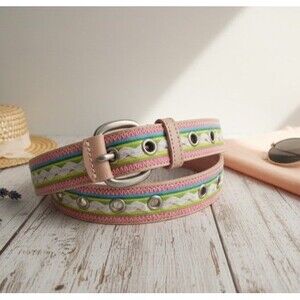 Vintage Izod Pastel Ribbon Leather Belt Pink Rickrack Y2K Preppy 2000s Size M